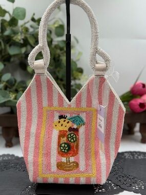 New Release Pink & White Striped Beaded Mini Tote Bag Cocktail Drink